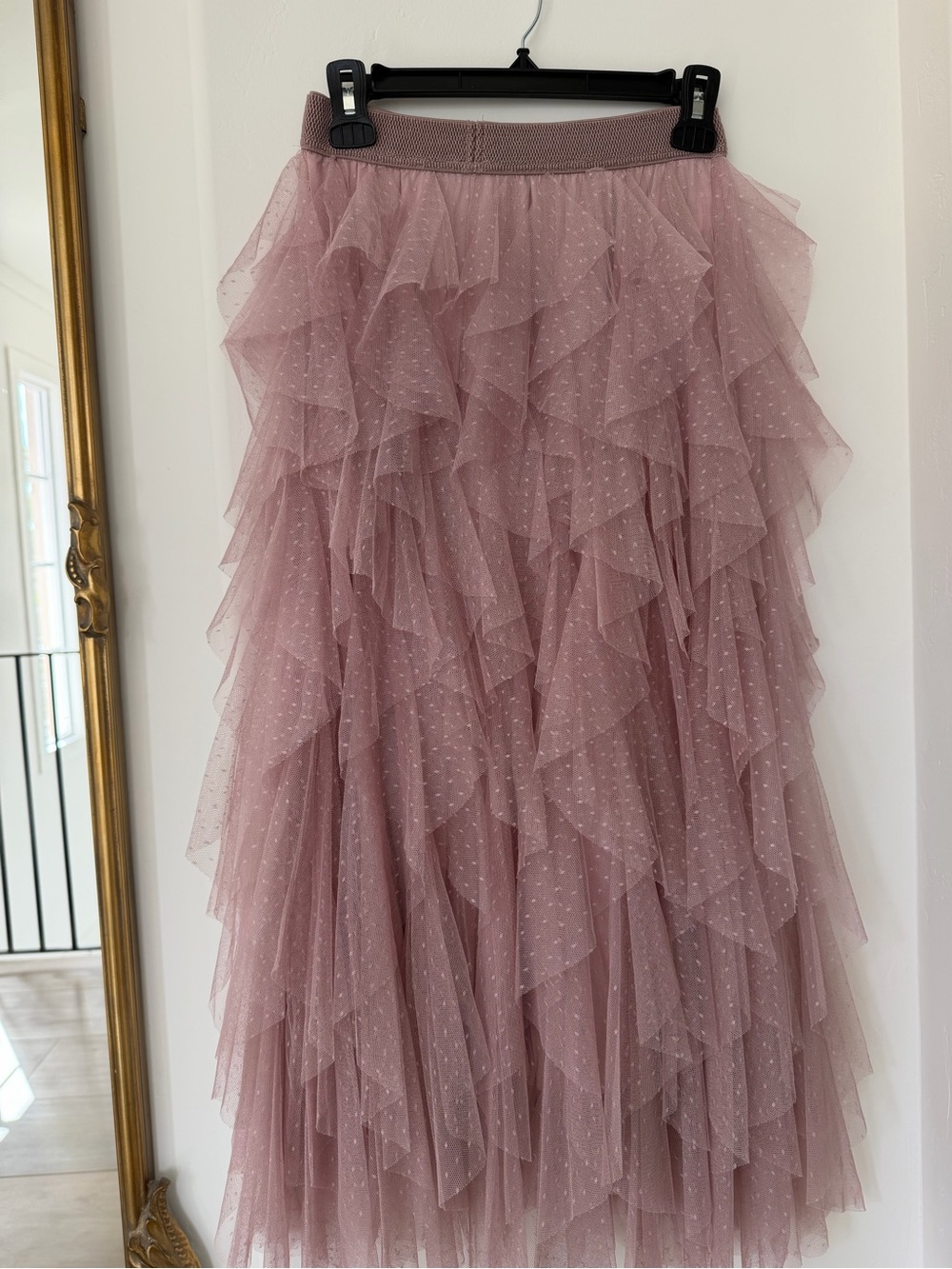 Anthropologie Dusty Rose Ruffled Tulle Maxi Skirt